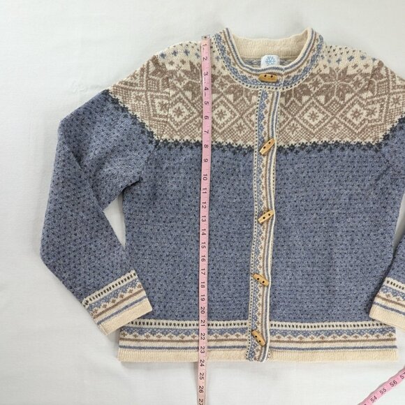 VTG Blue Cream Wool Knit Nordic Toggle Button Fair Isle Winter Cardigan - Picture 4 of 6